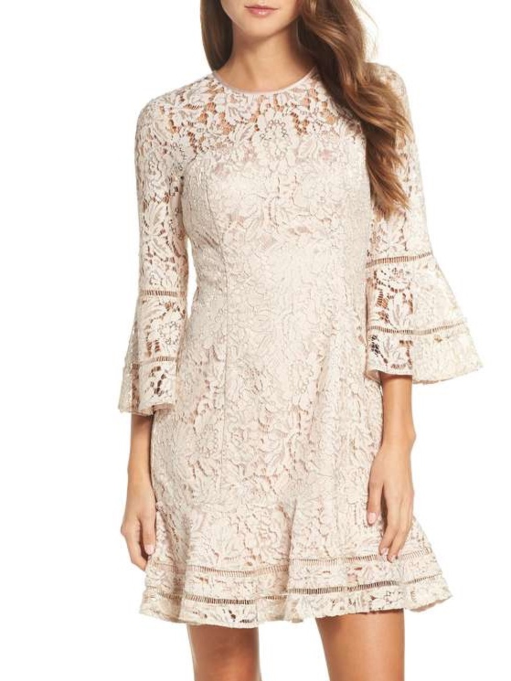 Eliza J Lace Bell Sleeve Fit & Flare Mini Dress Ivory Champagne Silver Thread 8